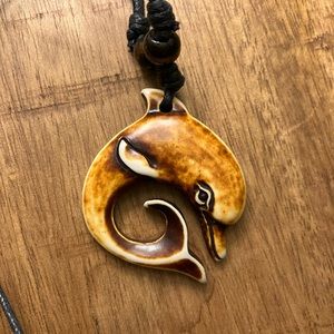 Carved bone Dolphin Necklace on a Rooe with Wooden Beads unisex